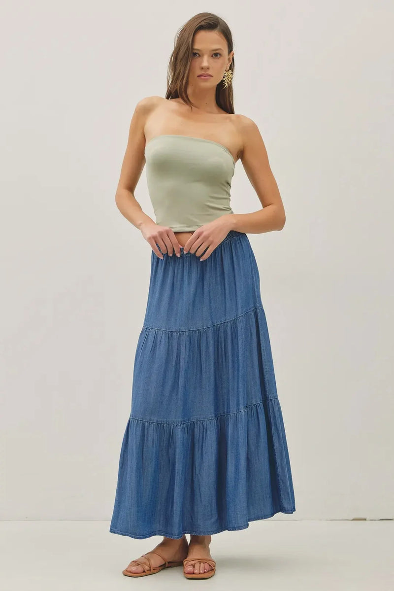 Tiered Tencel maxi skirt with flowing blue layers and lightweight fabric