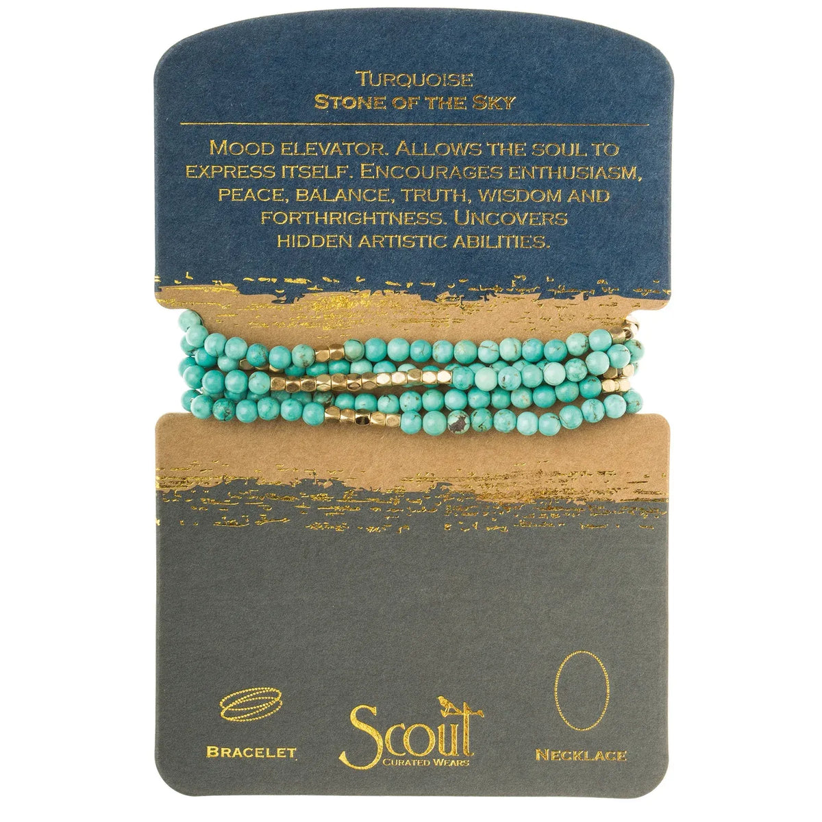 Natural gemstone stone wrap bracelet in turquoise beads with gold-toned accents displayed on branded card
