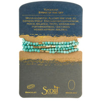 Natural gemstone stone wrap bracelet in turquoise beads with gold-toned accents displayed on branded card