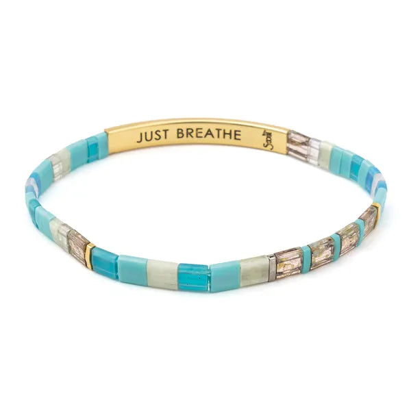 Turquoise and gold beaded good karma miyuki bracelet with engraved just breathe band made of japanese glass miyuki beads