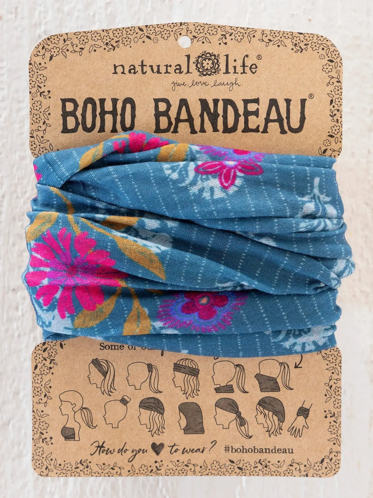 Full boho bandeau headband in block stamp indigo featuring vibrant blue fabric with bold pink and purple floral pattern