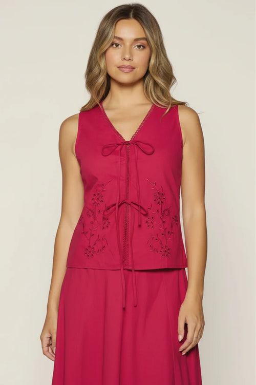 Lost + Wander Vino Kiss vest top in fuchsia with v-neck and floral embroidery