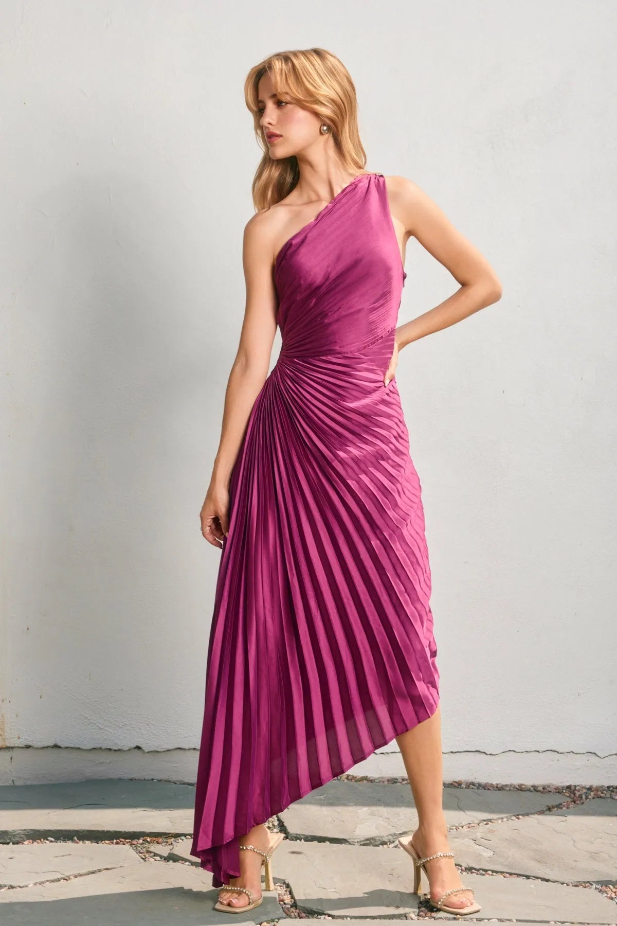 Magenta Satin one Shoulder Asymmetrical Pleated Dress PURPLE Magenta / SMALL