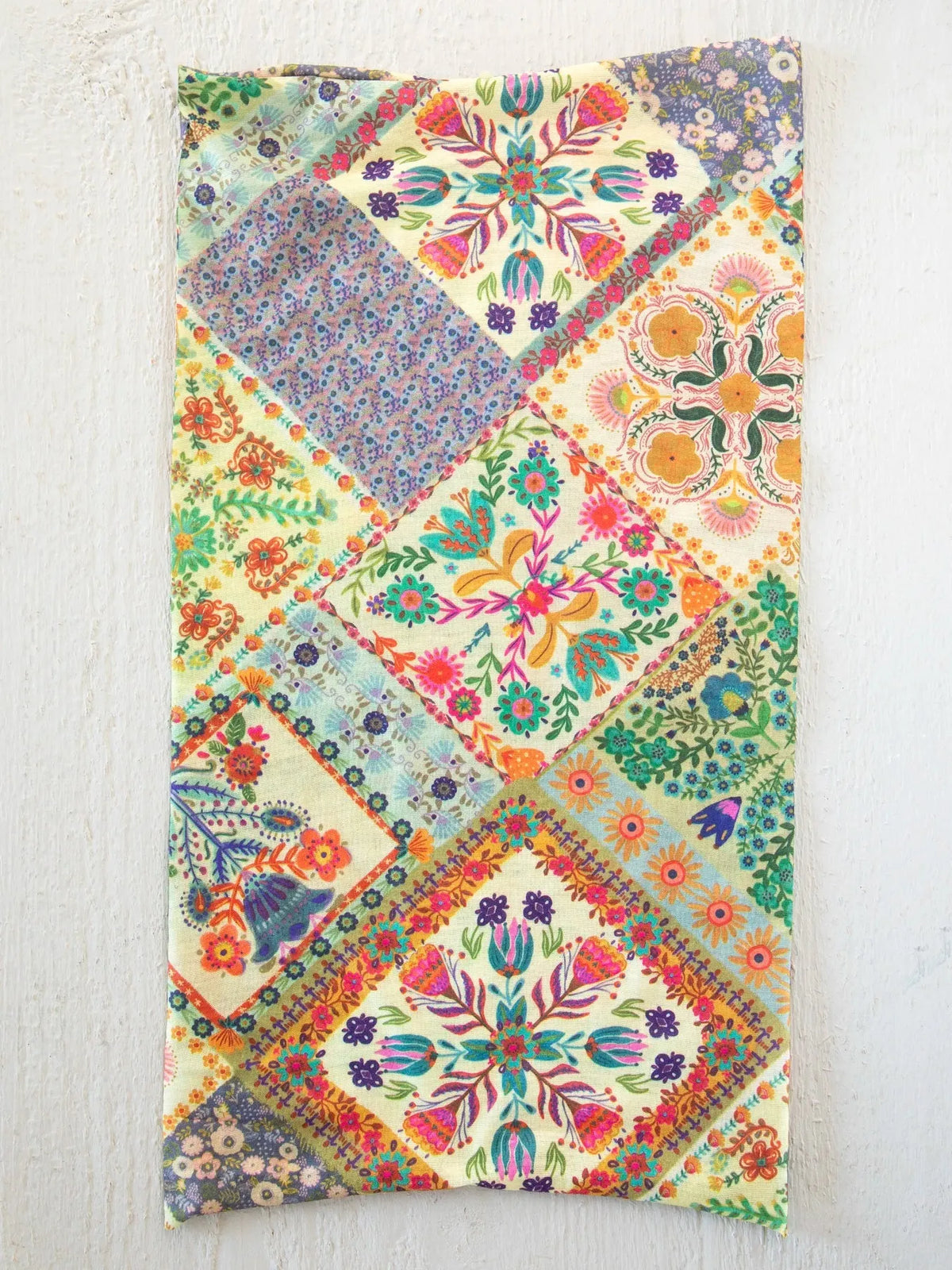 Full boho bandeau headband with vibrant mandala folk patchwork featuring colorful floral and geometric patterns