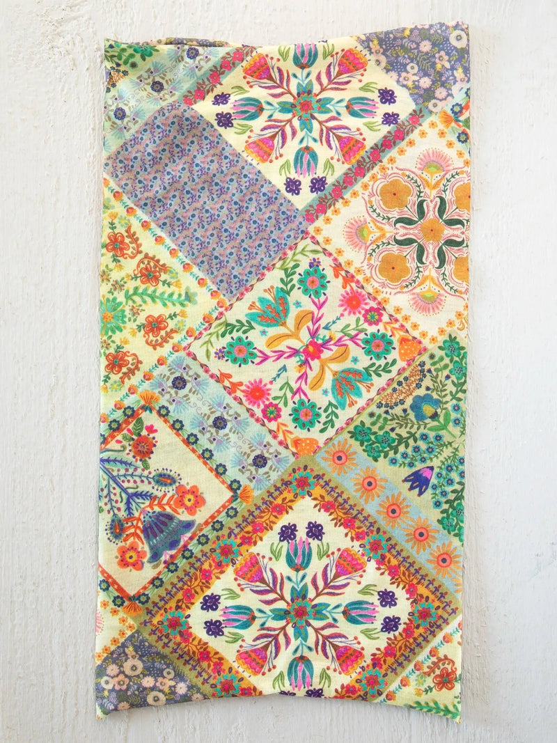 Full boho bandeau headband with vibrant mandala folk patchwork featuring colorful floral and geometric patterns