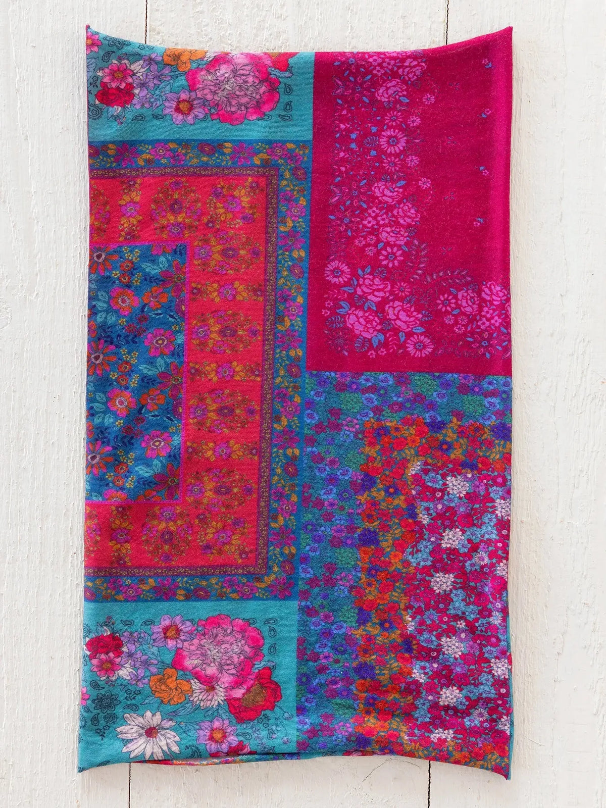 Vibrant jewel positano scarf boho bandeau headband with bold magenta teal red floral patterns and intricate embroidery