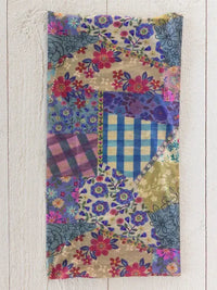 Full boho bandeau headband with vibrant purple and pink floral patchwork and gingham patterns in a soft textile design