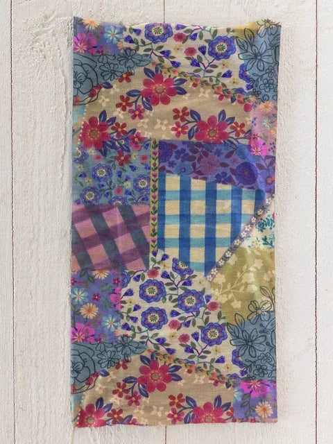 Full boho bandeau headband with vibrant purple and pink floral patchwork and gingham patterns in a soft textile design