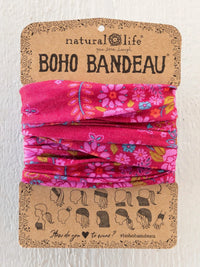 Vibrant pink merlot floral boho bandeau headband from natural life with soft fabric and colorful blossoms and leaves