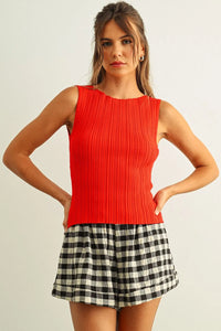 Vibrant red viscose ribbed knitted sleeveless top with flattering fit perfect for boho chic clothing styles