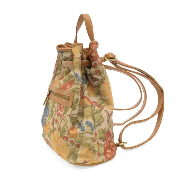 Memphis canvas backpack vintage-style drawstring canvas backpack with floral tapestry pattern and tan leather straps and trim