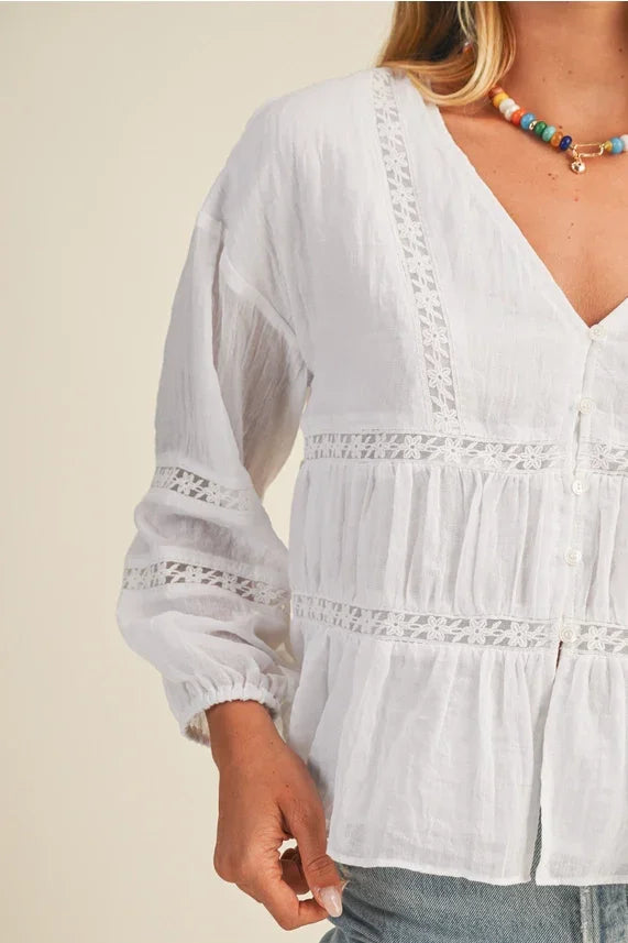 White V Ruffle Neck Blouse with lace trim and ruffles