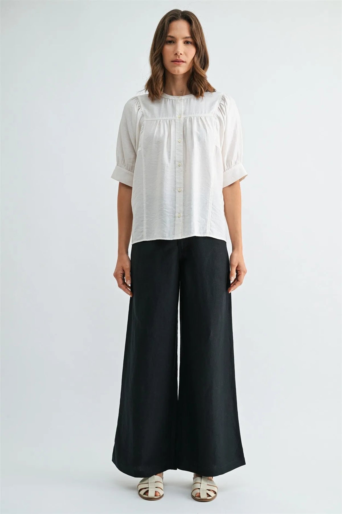 White button down short sleeve blouse with gathered neckline detailing perfect as a casual sleeve blouse