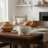 Tommy Turkey gravy boat with colorful teal, pink, gold turkey design for Thanksgiving dinner