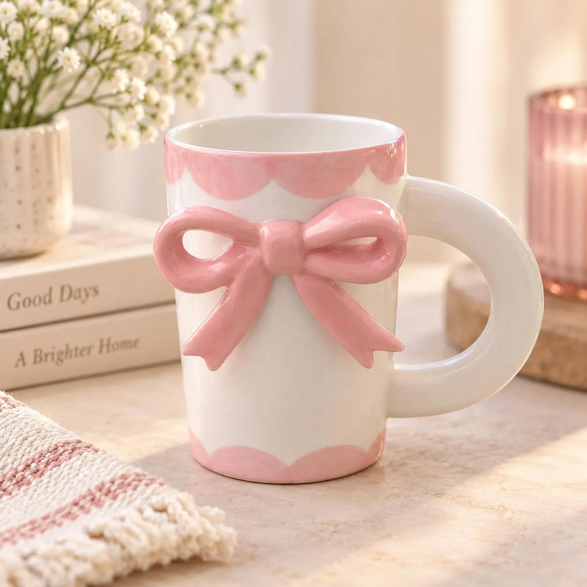 Stoneware mug with 3d glossy pink bow design and scalloped trim perfect for enjoying favorite hot beverages