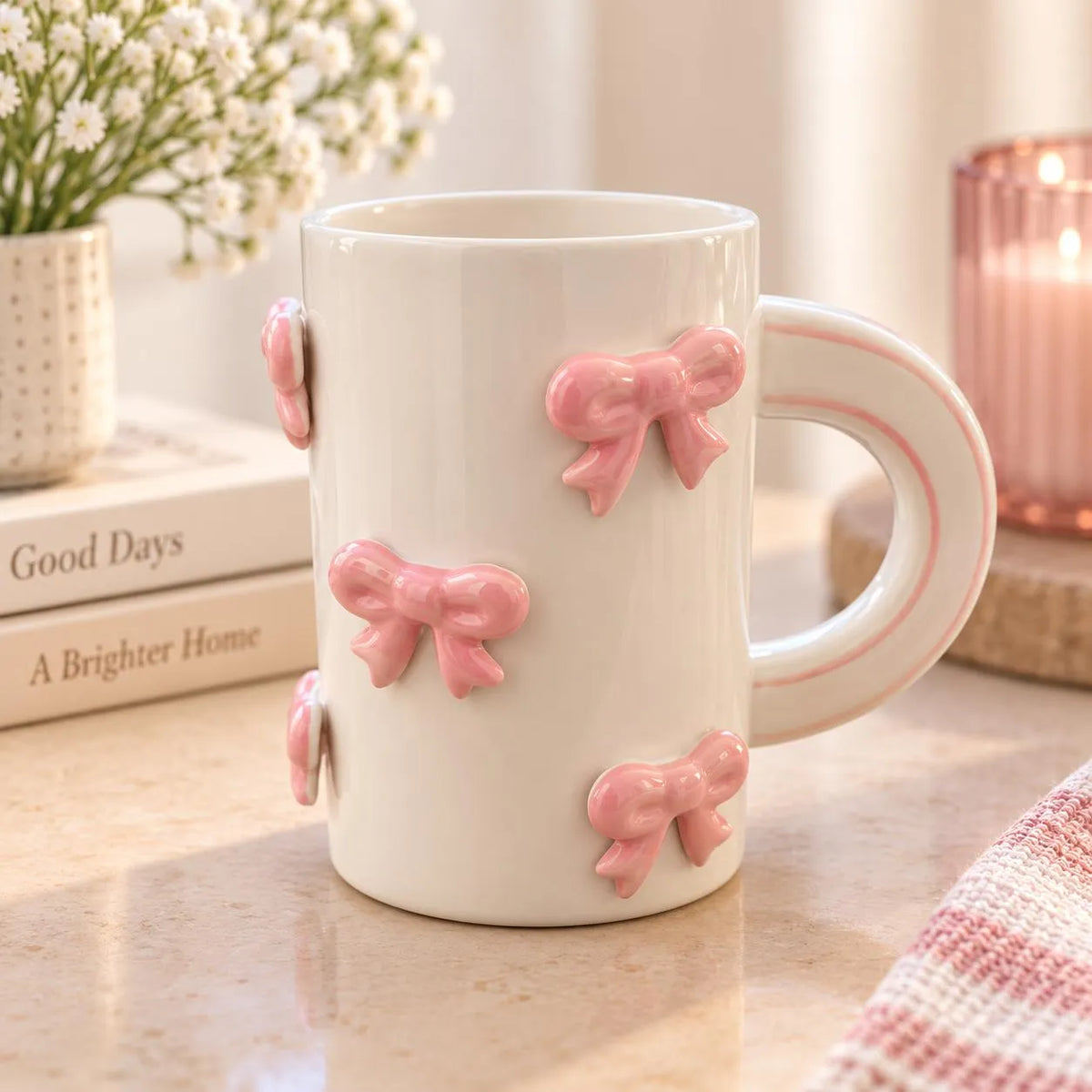 Stoneware mug in white ceramic featuring a pink 3d bow design perfect for enjoying favorite hot beverages