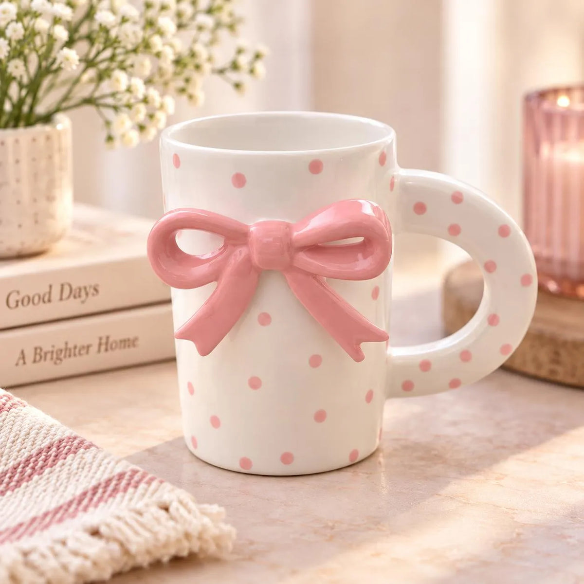 Stoneware mug with pink polka dots and a 3d bow design perfect for enjoying your favorite hot beverages