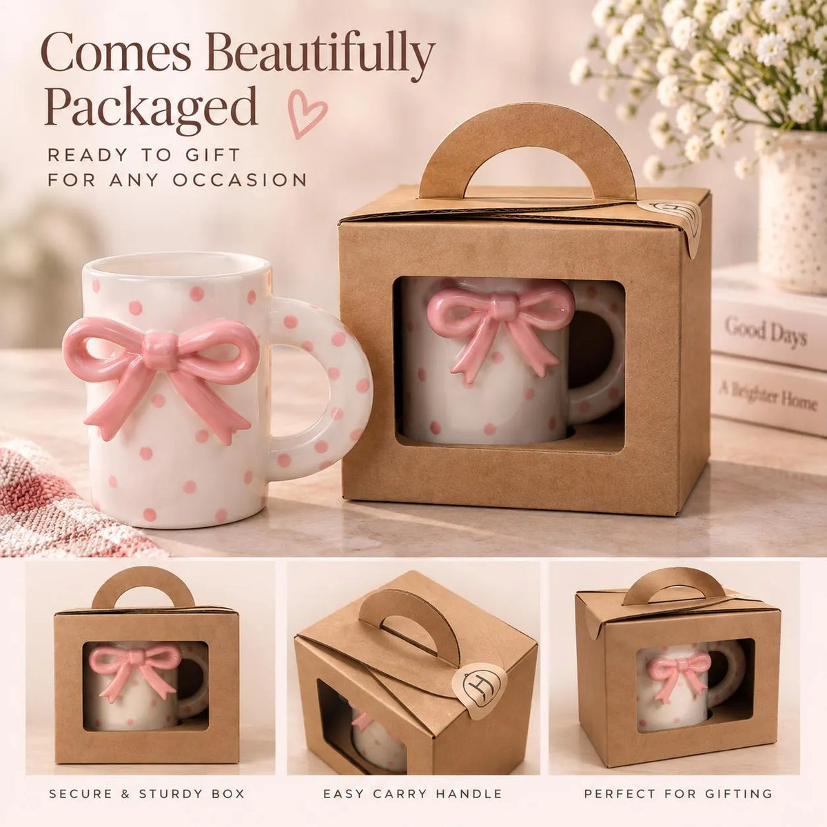 Stoneware mug with pink polka dots and 3d bow design perfect for enjoying favorite hot beverages