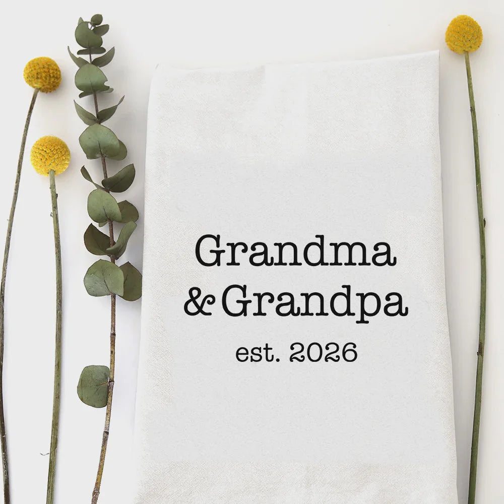 White cotton kitchen tea towel with Grandpa Est 2026 print