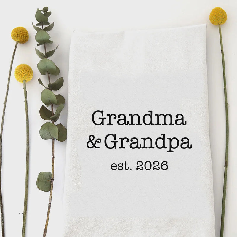 White cotton kitchen tea towel with Grandpa Est 2026 print