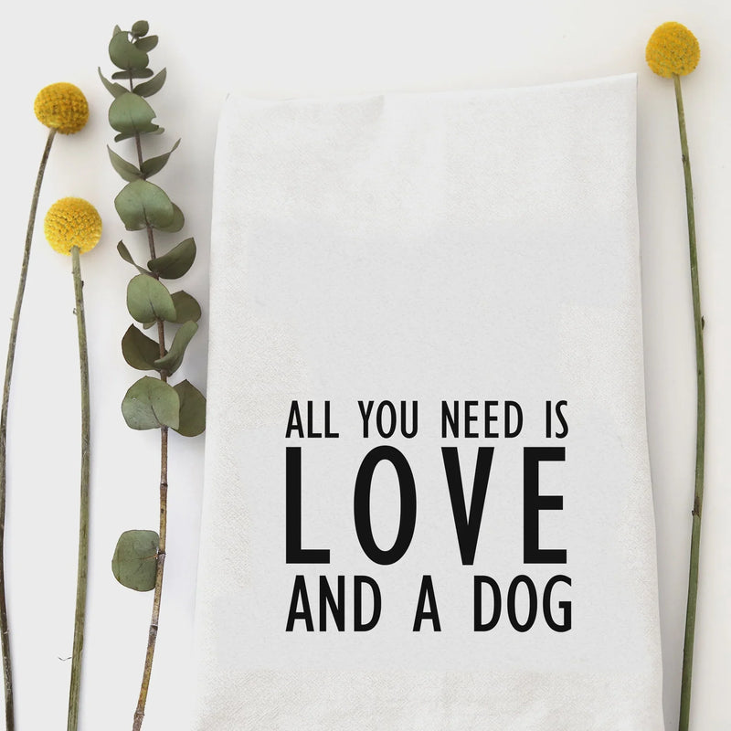 White cotton love and dog kitchen tea towel with printed text