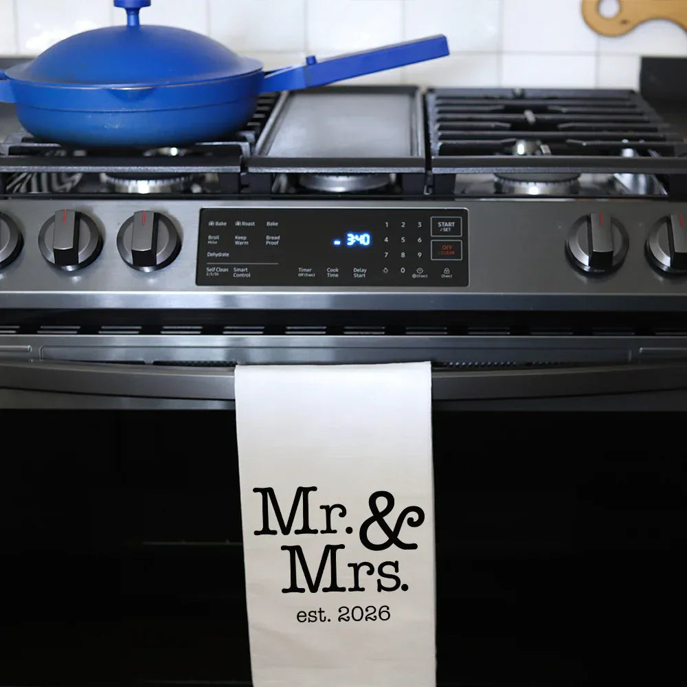 White cotton kitchen tea towel with black Mr. text for MR & MRS 2026