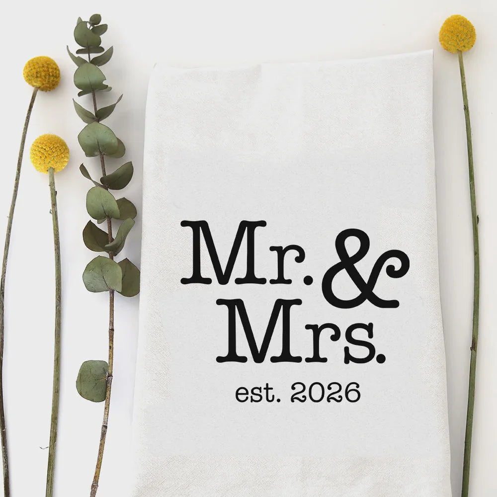 White cotton tea towel with black Mr. for MR & MRS 2026 kitchen tea