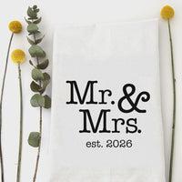 White cotton tea towel with black Mr. for MR & MRS 2026 kitchen tea