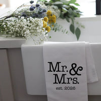 White cotton kitchen tea towel with black Mr. for MR & MRS 2026