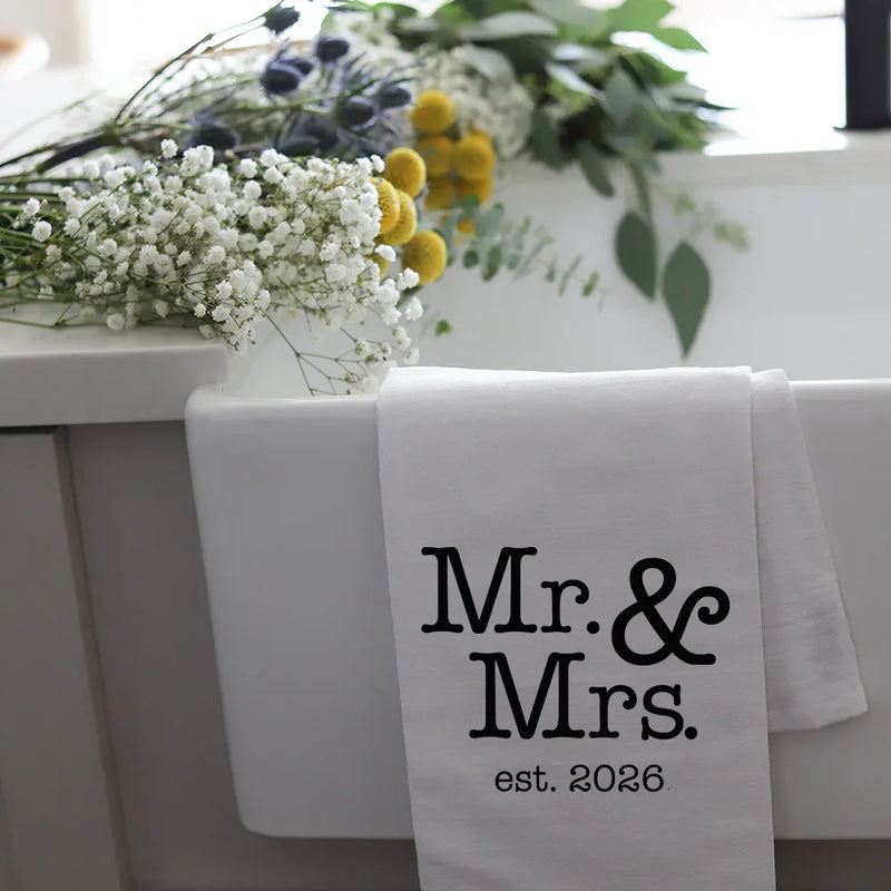 White cotton kitchen tea towel with black Mr. for MR & MRS 2026