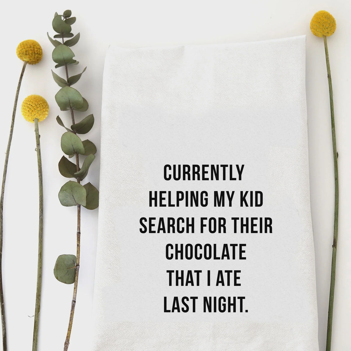White cotton kitchen tea towel with chocolate search text