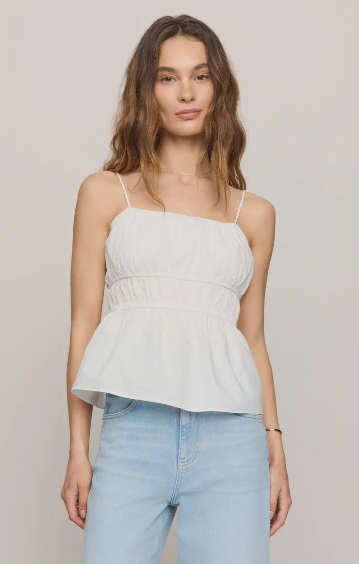 White cotton adele back tie top with thin spaghetti straps and gathered waistband for womens boho clothes by shop daisy