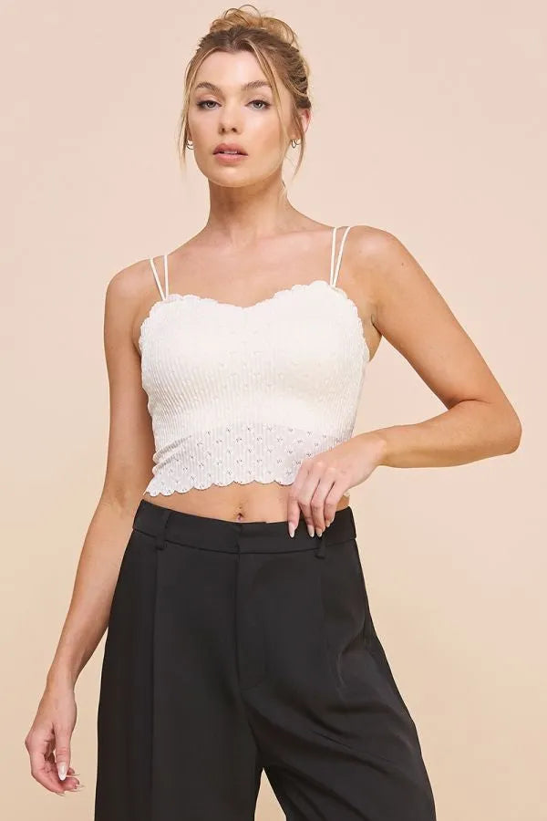 White crochet bralette cami with laser cut scallop edge and thin spaghetti straps for stylish layering