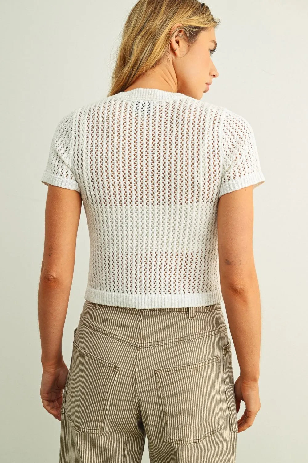 White cropped button front short sleeve knitted top with breathable openwork pattern and short sleeves