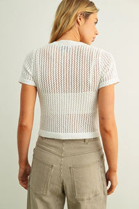 White cropped button front short sleeve knitted top with breathable openwork pattern and short sleeves