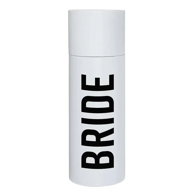 White 20-ounce skinny tumbler with double-wall insulation and black bride lettering printed vertically on its side