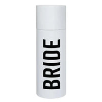 White 20-ounce skinny tumbler with double-wall insulation and black bride lettering printed vertically on its side