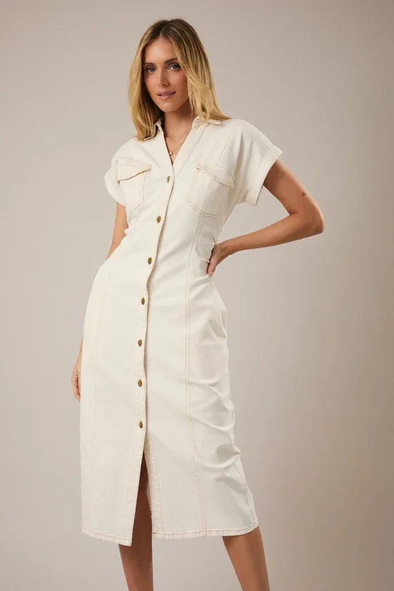 Wide shoulder button utility midi dress, white denim with chest pockets