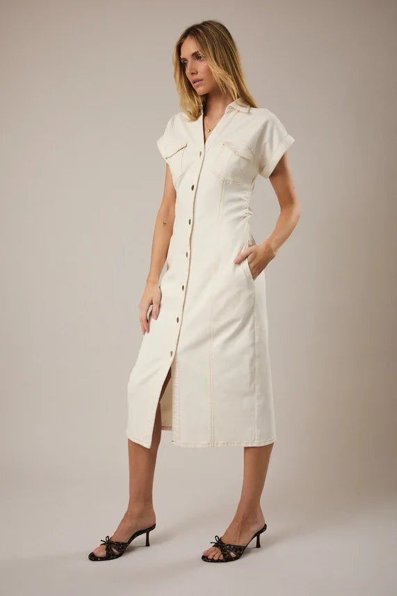 Wide shoulder button utility midi dress with short sleeves and pockets
