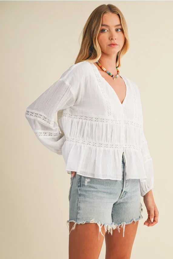White V Ruffle Neck Blouse with embroidered ruffles and lace trim