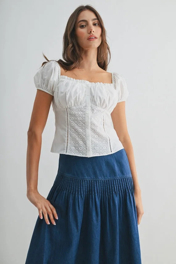White embroidered puff sleeve blouse with lace corset top