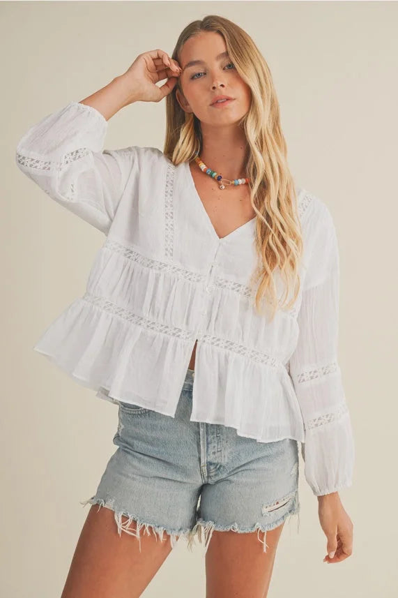 White V Ruffle Neck Blouse with tiered ruffles and long sleeves