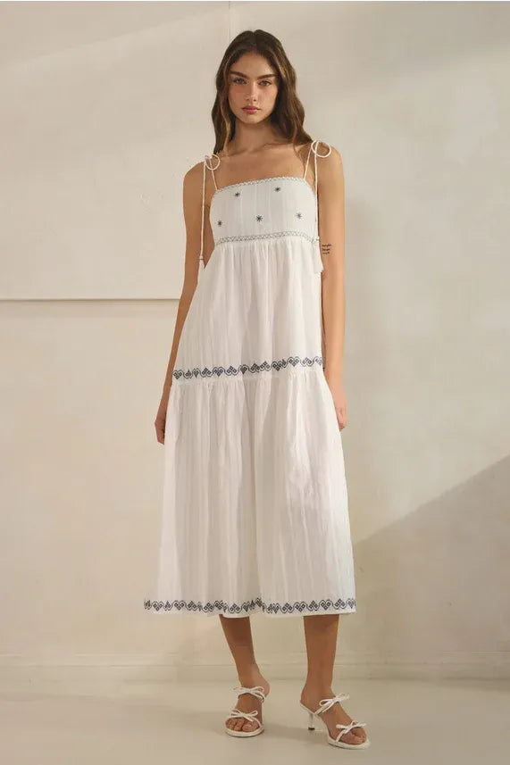 White embroidered tassel maxi dress with star lace detailing
