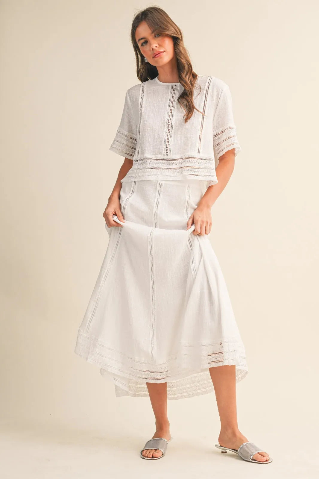 White lace trim cotton maxi skirt two-piece outfit with delicate lace detailing on neckline sleeves and hem