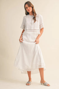 White lace trim cotton maxi skirt two-piece outfit with delicate lace detailing on neckline sleeves and hem