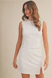 Eyelet open tie back sleeveless mini dress with side slit