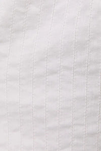White fabric square neck lace trim detail romper with subtle vertical pinstripes and neck lace trim accents