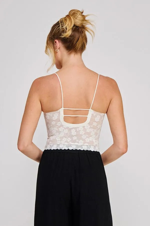 White floral lace scallop edge sweetheart bralette camisole with delicate thin straps and scalloped hem