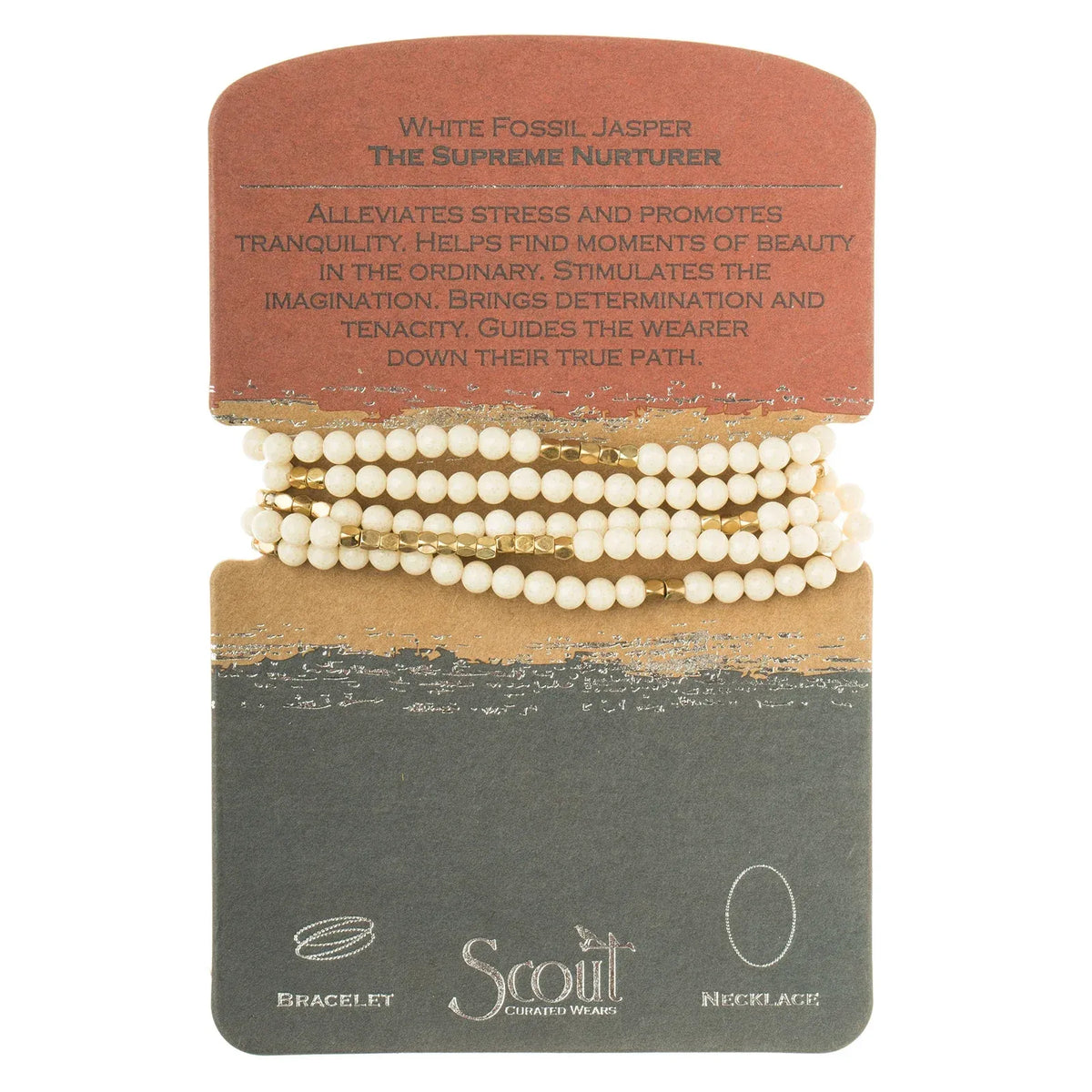 Natural gemstone white fossil jasper stone wrap bracelet with gold-toned accents on scout curated wears card