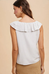 Pin stripe ruffled V neck blouse in white and gray stripes